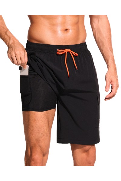 SILKWORLD Men's Swim Trunks with Compression Liner Quick Dry Bathing Suits 9 Inch Swimming Shorts with Cargo Pockets