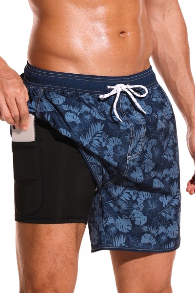 SILKWORLD Mens Swimming Trunks with Compression Liner 2 in 1 Quick-Dry Swim Shorts with Zipper Pockets