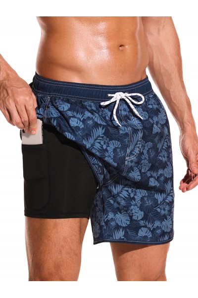 SILKWORLD Mens Swimming Trunks with Compression Liner 2 in 1 Quick-Dry Swim Shorts with Zipper Pockets