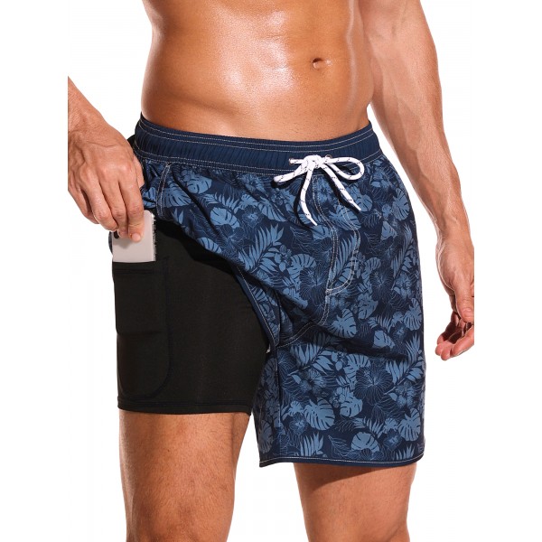 SILKWORLD Mens Swimming Trunks with Compression Liner 2 in 1 Quick-Dry Swim Shorts with Zipper Pockets