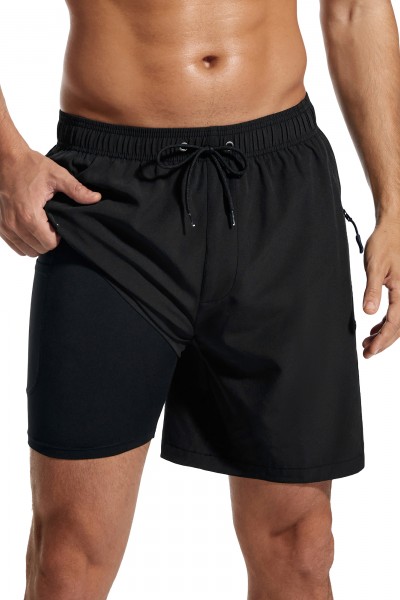 SILKWORLD Mens Swimming Trunks with Compression Liner Bathing Suit Quick-Dry Swim Shorts with Zipper Side Pockets