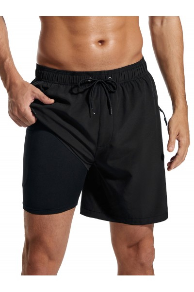 SILKWORLD Mens Swimming Trunks with Compression Liner Bathing Suit Quick-Dry Swim Shorts with Zipper Side Pockets