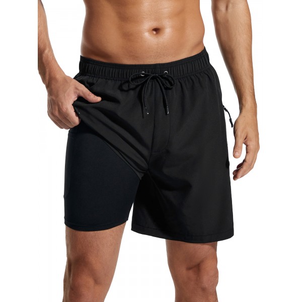 SILKWORLD Mens Swimming Trunks with Compression Liner Bathing Suit Quick-Dry Swim Shorts with Zipper Side Pockets