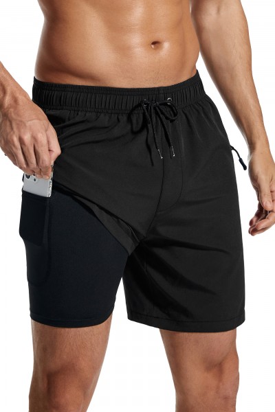SILKWORLD Mens Swimming Trunks with Compression Liner Bathing Suit Quick-Dry Swim Shorts with Zipper Side Pockets