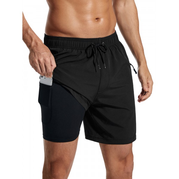 SILKWORLD Mens Swimming Trunks with Compression Liner Bathing Suit Quick-Dry Swim Shorts with Zipper Side Pockets