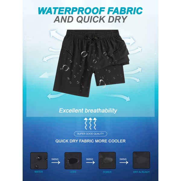 SILKWORLD Mens Swimming Trunks with Compression Liner Bathing Suit Quick-Dry Swim Shorts with Zipper Side Pockets