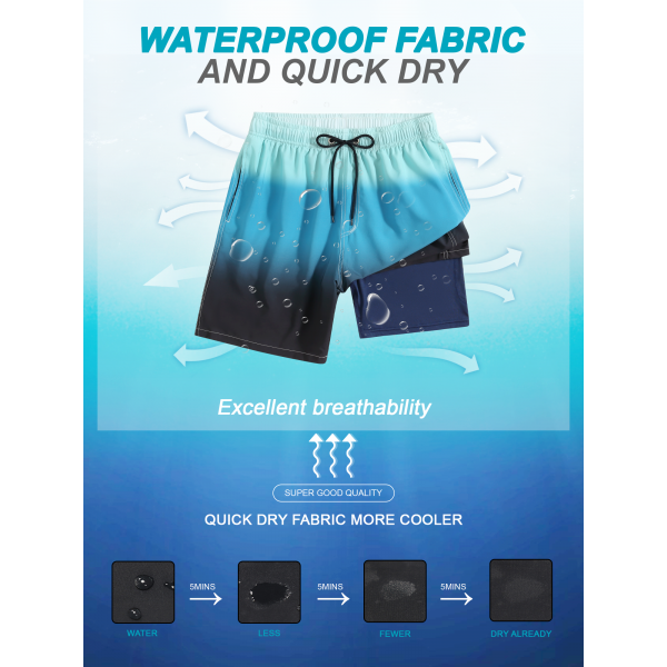 SILKWORLD Mens Swim Trunks 2 in 1 Quick Dry Swim Shorts Mens Bathing Suits with Compression Liner