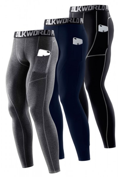 SILKWORLD Men's 1~3 Pack Compression Pants Pockets Cool Dry Gym Leggings Baselayer Running Tights