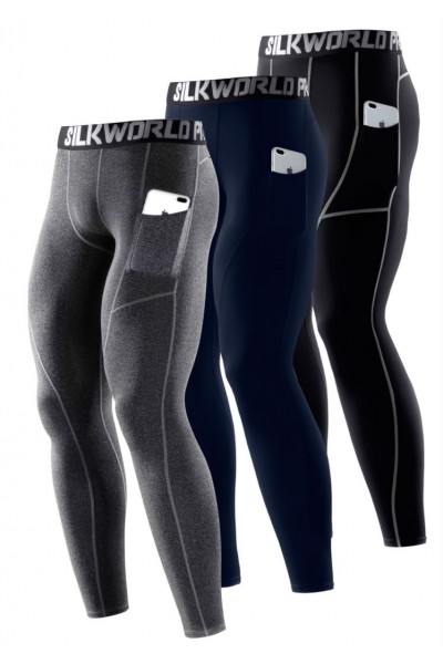 SILKWORLD Men's 1~3 Pack Compression Pants Pockets Cool Dry Gym Leggings Baselayer Running Tights
