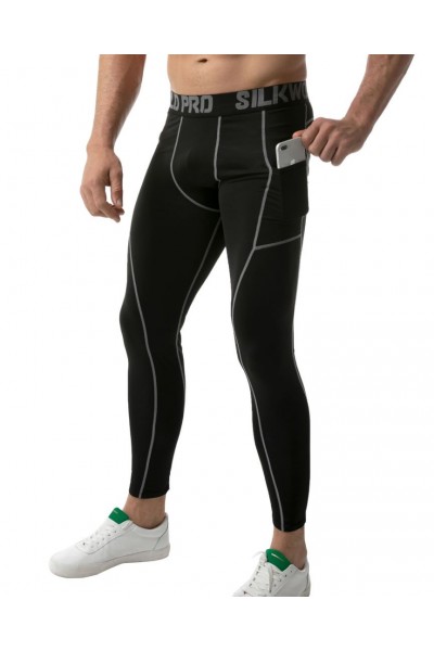 SILKWORLD Men's 1~3 Pack Compression Pants Pockets Cool Dry Gym Leggings Baselayer Running Tights