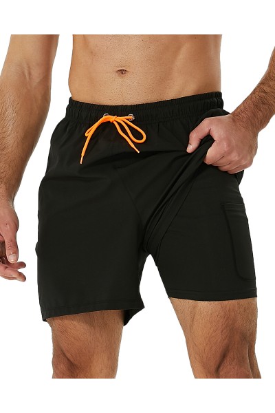SILKWORLD Mens Swimming Trunks with Compression Liner 2 in 1 Quick-Dry Swim Shorts with Zipper Pockets 