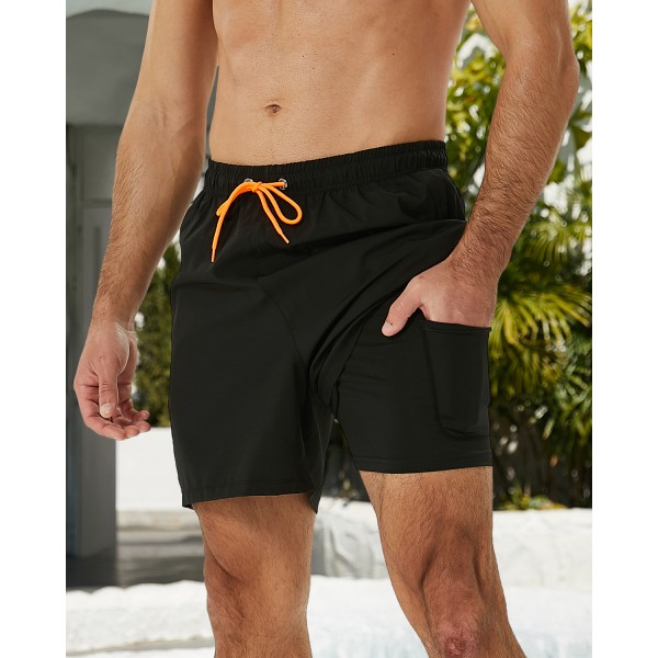 SILKWORLD Mens Swimming Trunks with Compression Liner 2 in 1 Quick-Dry Swim Shorts with Zipper Pockets