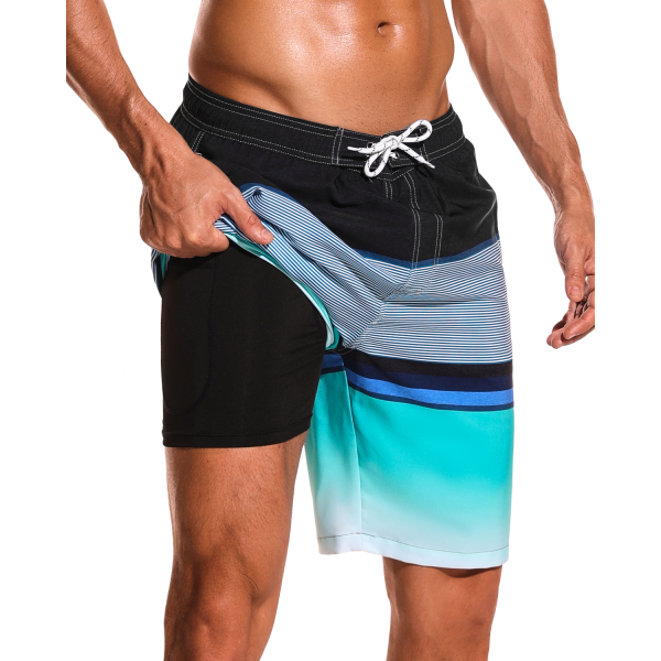 SILKWORLD Mens Swim Trunks with Compression Liner 9 Beach Board Shorts Men 2 in 1 Quick Dry Bathing Suit with Pockets