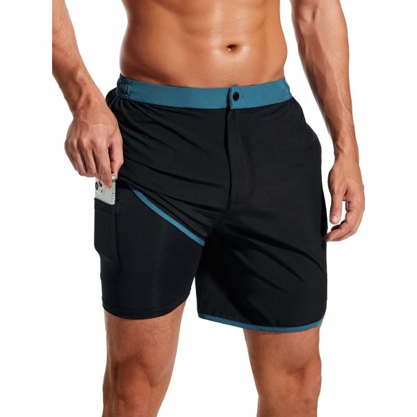 SILKWORLD Mens 2 in 1 Swim Trunks Quick Dry 7 Inch Beach Shorts with Compression Liner and Pockets